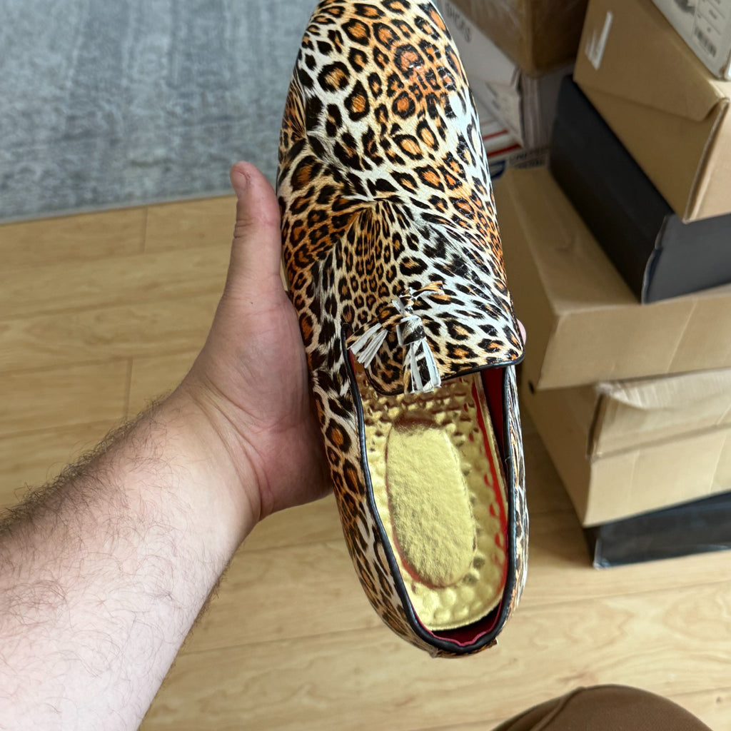 Santimon Men's US 7.5, 11 Leopard Print Tassel Slip On Loafers Dress Shoes