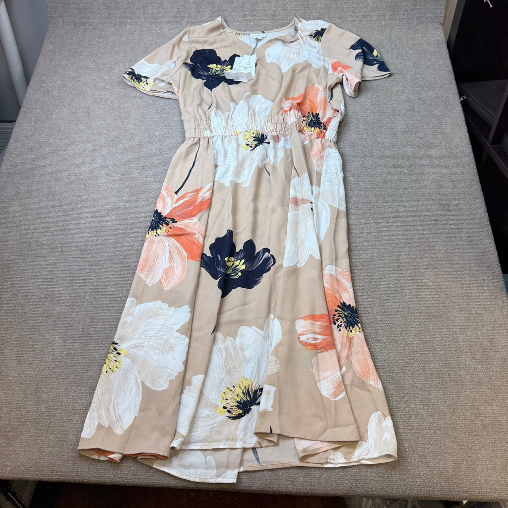 MSRP $84 Liz Claiborne Womens L Tall Beige Floral Midi Flutter Satin Dress V Nec
