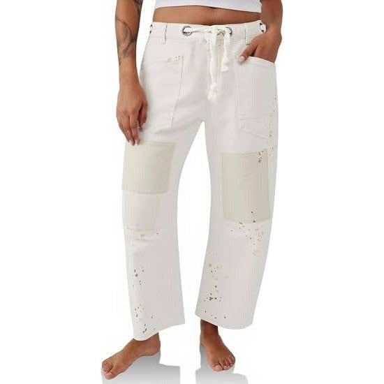 PLNOTME Womens 8 White Baggy Barrel Horseshoe Jeans Wide Leg Patchwork