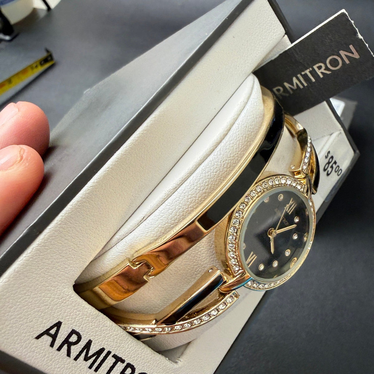 MSRP $85 Armitron 75/5720 Women's Gold/Black Tone Watch and Bracelet Set New B