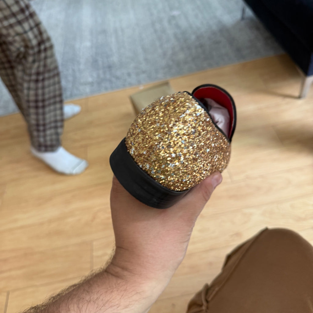 Santimon Men's US 9.5 - 12.5 Gold Sequins Glitter Smoking Loafers Dress Shoes  P