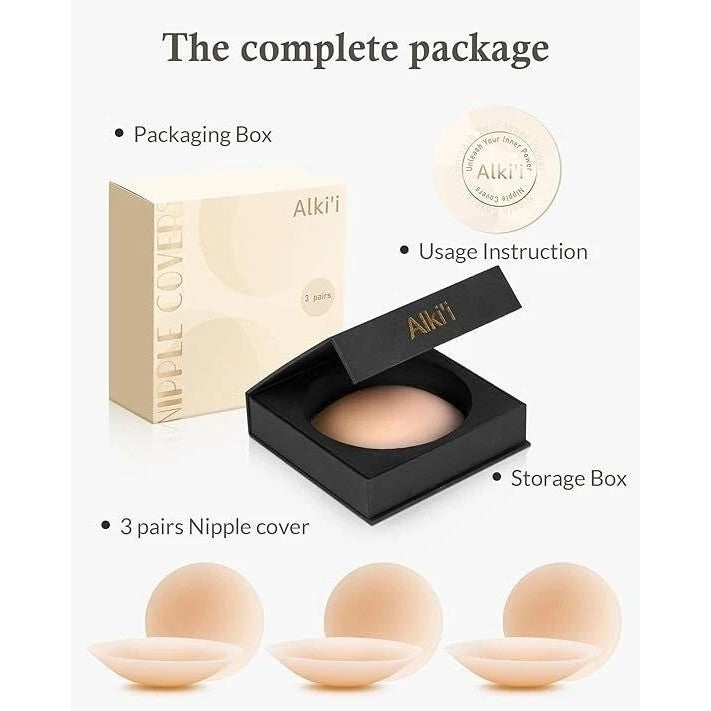 Alki'i Nipple Covers Pasties 3 Pairs for Women, Sticky Bra No Show,Silicone Adh