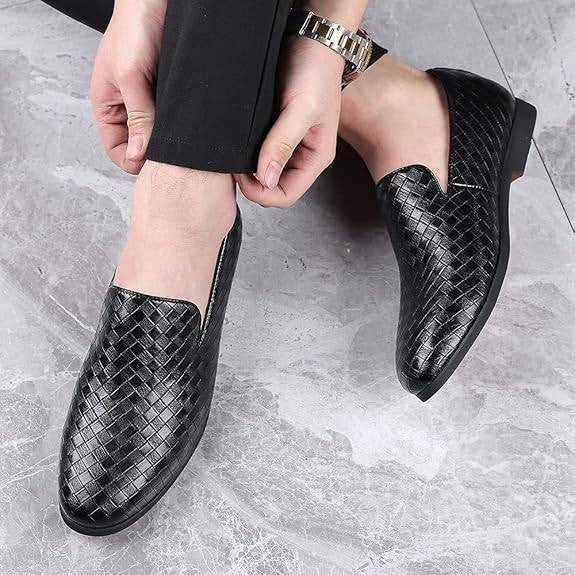 Santimon Men's US 6 Black Woven Moccasin Leather Slip-On Smoking Loafers Lightwe