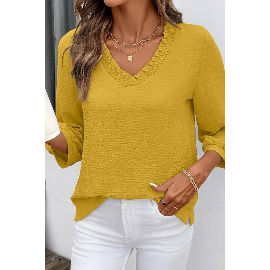 MSRP $18 SHEWIN Women's XL Smocked Neck Top 3/4 Sleeve Loose Fit Shirt Yellow