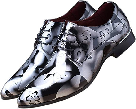 Santimon Mens US 9.5 Grey Floral Patent Leather Pointed Toe Oxford Shoes