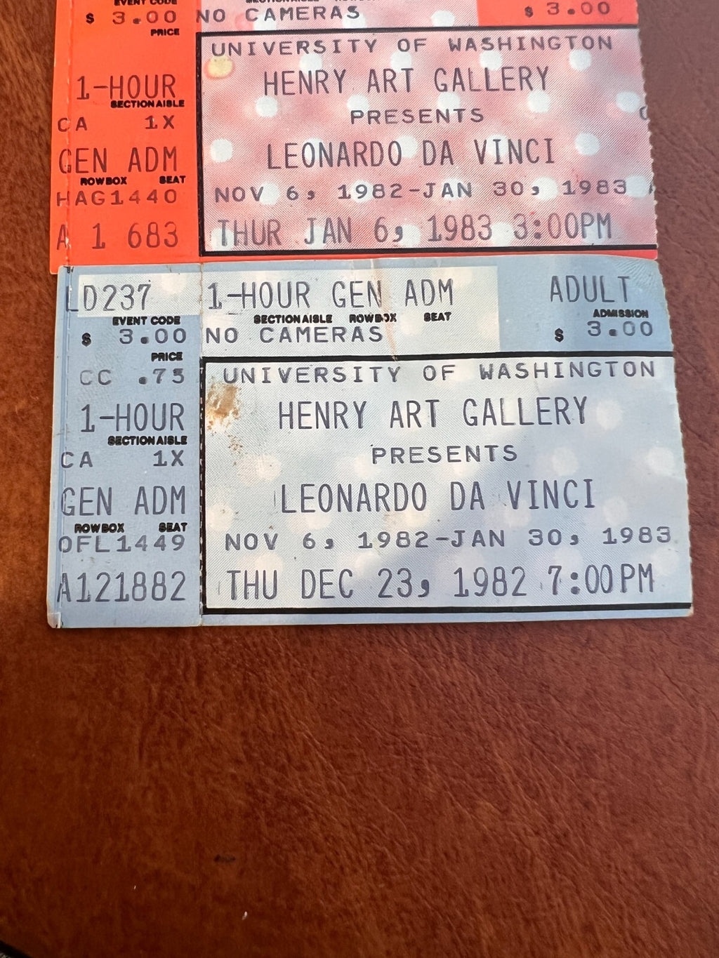 Vintage lot of 3 Henry Art Gallery Leonardo Da Vinci 1982, 1983 Ticket Stubs
