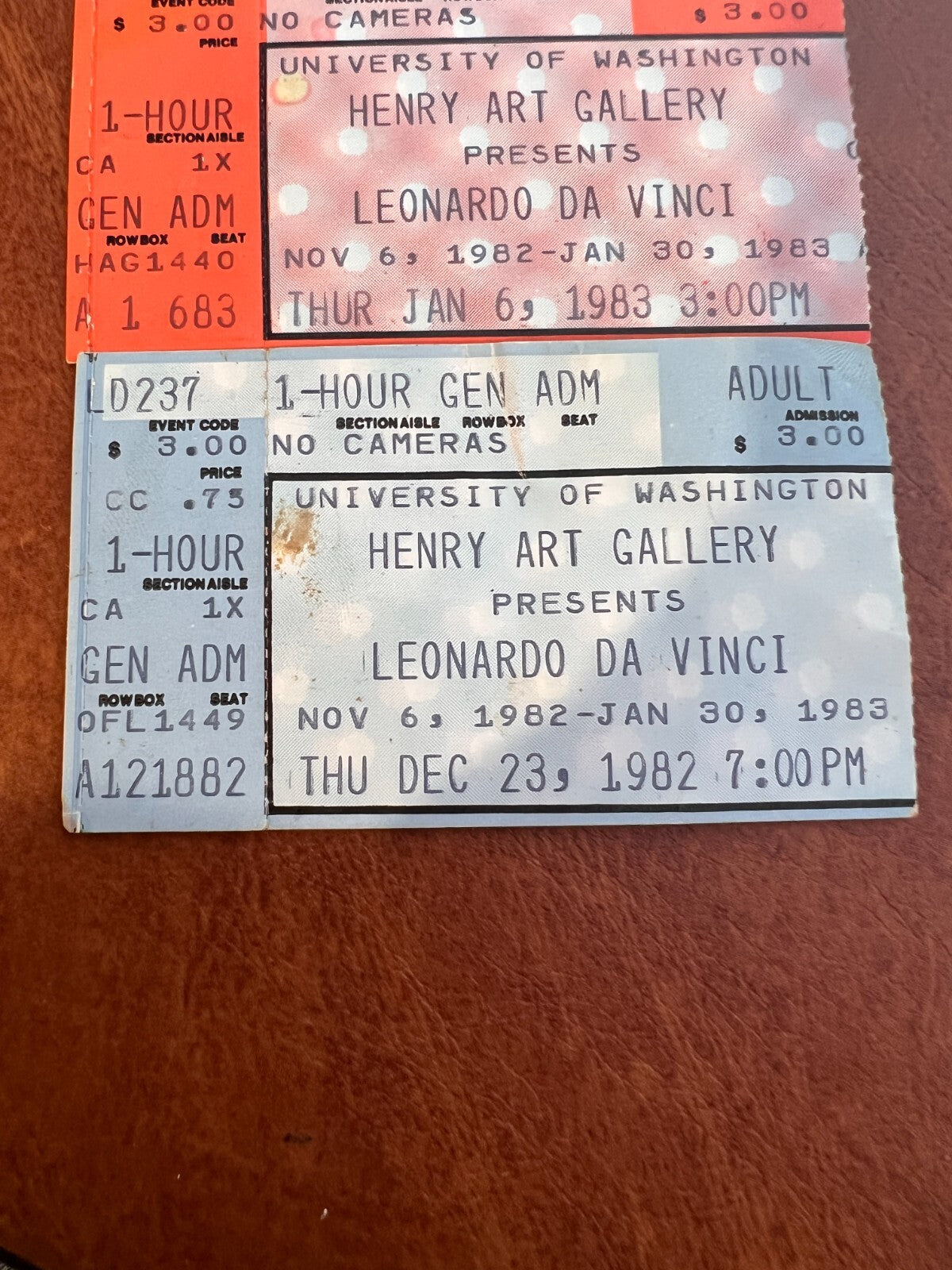 Vintage lot of 3 Henry Art Gallery Leonardo Da Vinci 1982, 1983 Ticket Stubs