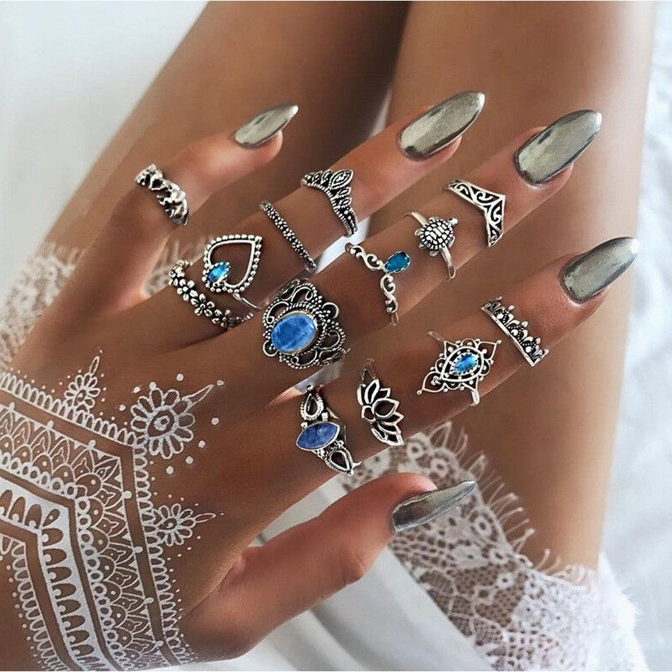 13 pcs Boho Ring, Set of Rings, Stackable Turquoise Ring Set, Stacking Ring