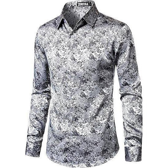 MSRP $42 ZEROYAA Men's S Silver Shiny Satin Rose Floral Jacquard Shirt Long