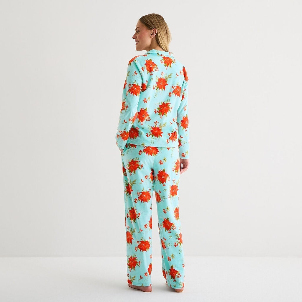 Adonna Womens 3X Aqua Poinsetta Fleece Long Sleeve 2 Piece Pajama Set