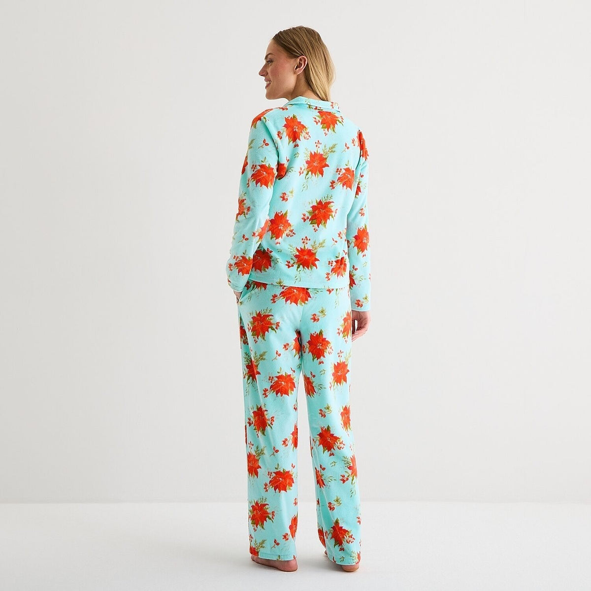 Adonna Womens 3X Aqua Poinsetta Fleece Long Sleeve 2 Piece Pajama Set