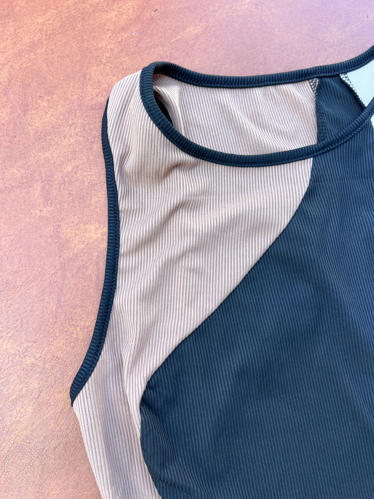 Size M Women's Black Brown White Tank Bodysuit Color Block Scoop Neck Sleeveless