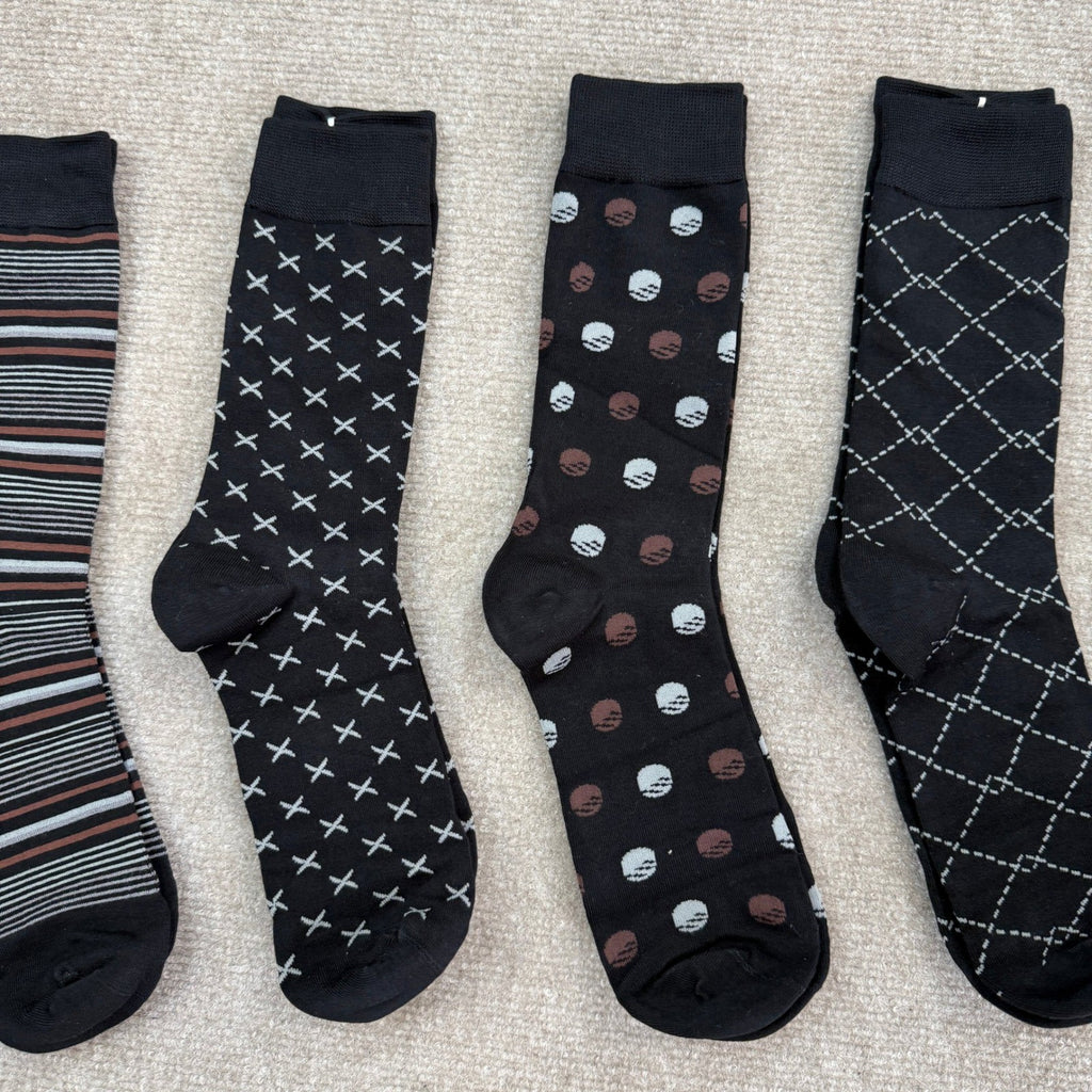 Set of 6 SUKBRGIR Men's US 8-13 Black Geometric Dress Socks Business Casual