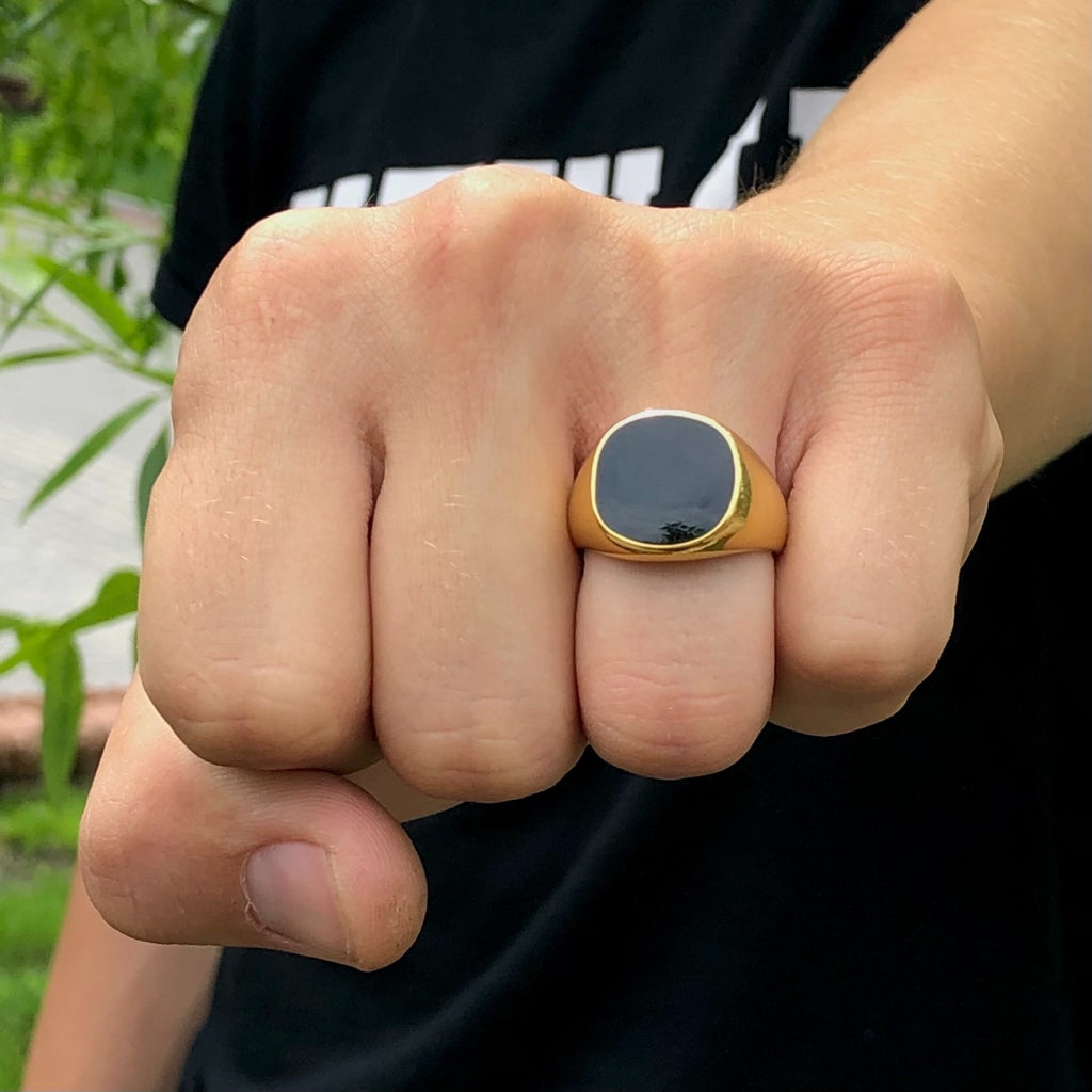 Square Black Signet Pinky Ring Mens Gold, Silver Tone Stainless Steel Size 8-13