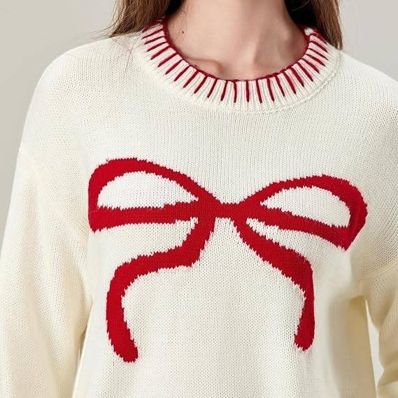 MSRP $41 Fabumily Women's L White Bow Sweater Y2k Crewneck Long Sleeve Knitted