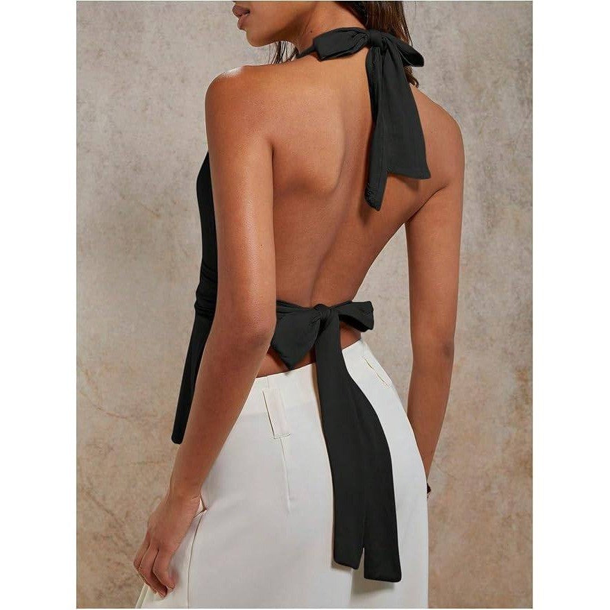MSRP $26 Verdusa Women's S Tie Backless Halter Top Deep V Neck Y2k Clothes Sle