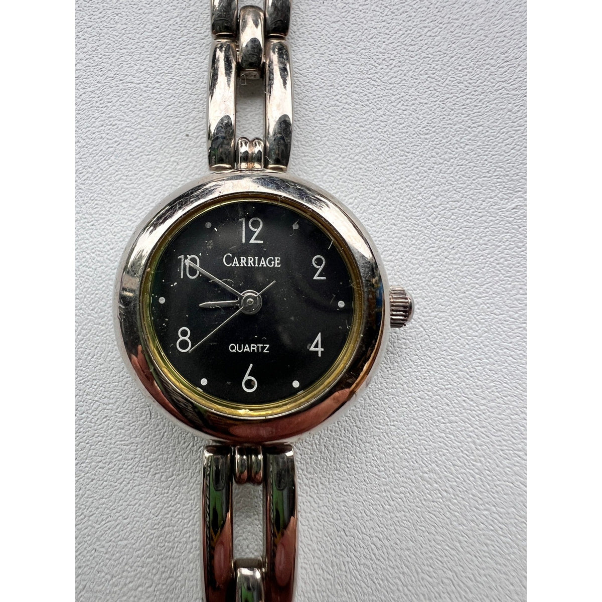 Carriage HJ Silver Tone Quartz Analog Black Dial Women's Watch Needs Battery