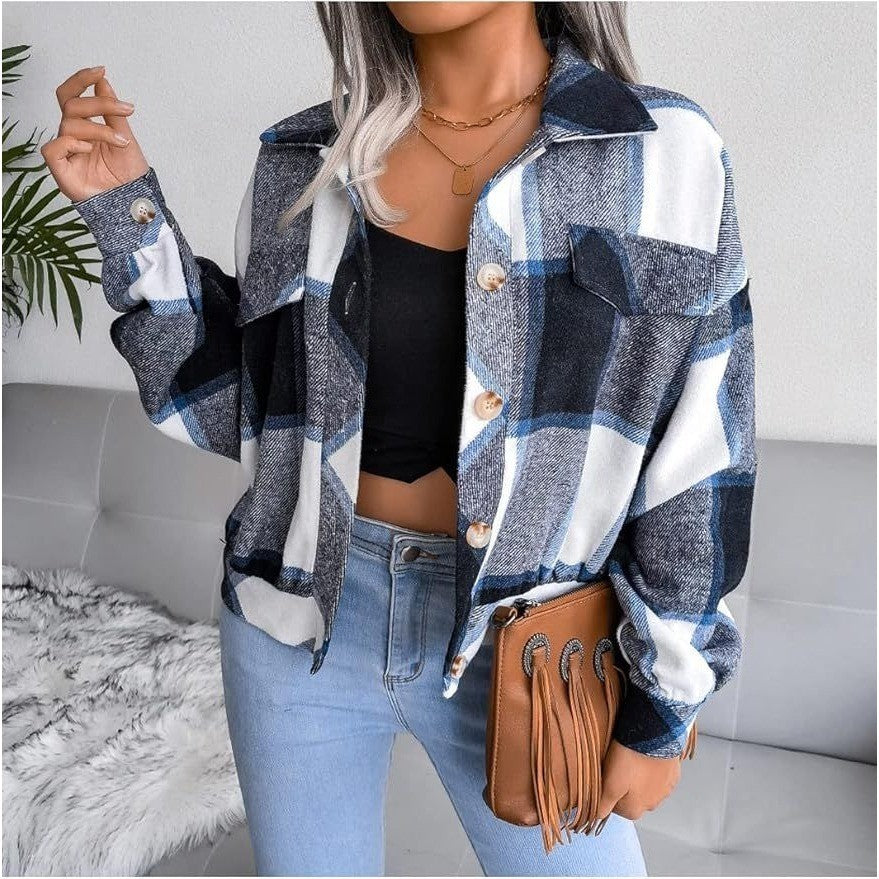 Womens Size S Casual Plaid Shacket Long Sleeve Wool Blend Button Down Shirt Jac