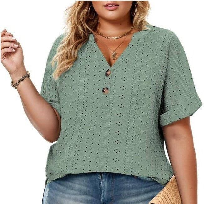 VISLILY Women's 3XL Summer Top Roll Short Sleeve V Neck T-Shirt Trendy Eyelet B