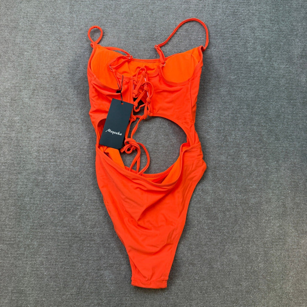 MSRP $41 Meyeeka Women's M Monokini Scoop Neck Cut Out Front Lace Up Back High