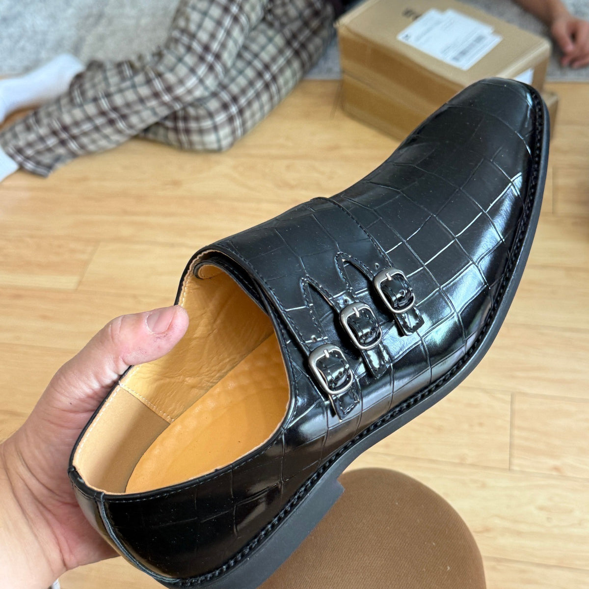 Santimon Men's US 10 Black Monk Strap Loafers Triple Buckles Dress Shoes