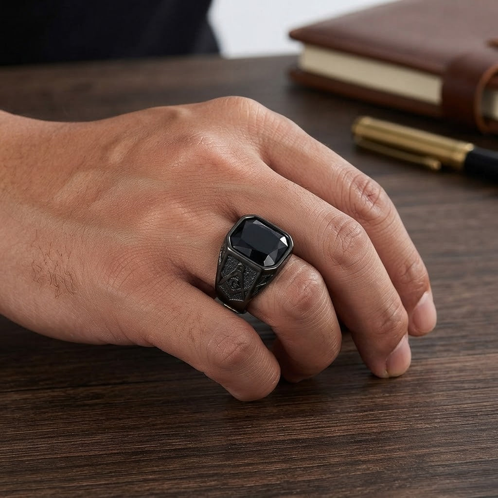 Mens Black CZ Stone Masonic Ring Black Stainless Steel Freemason Size 8-12