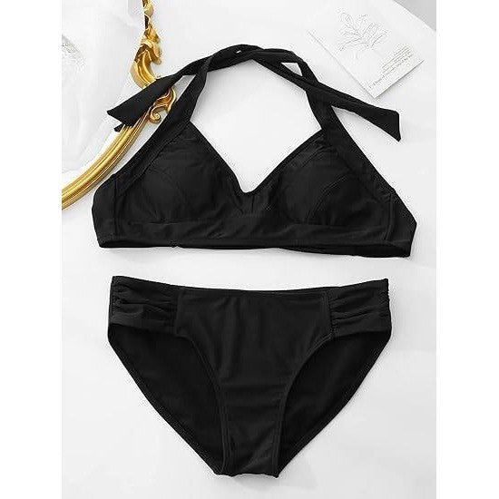 MSRP $43 SWIMLANCE Women's S Black Two Piece Swimsuit Bikini Set Solid Halte