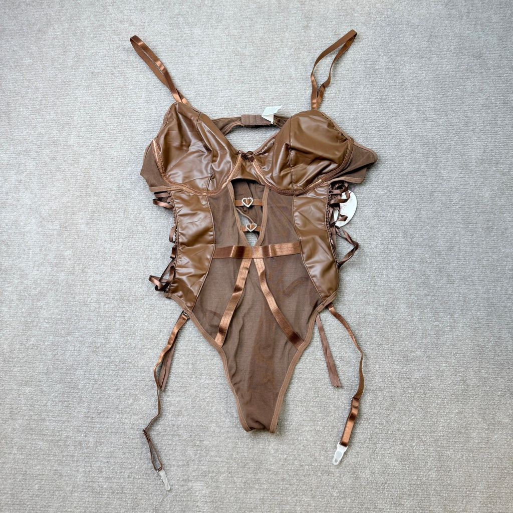 MSRP $19 Avidlove Womens XXL Sexy Lingerie Leather Teddy Mesh One Piece Body