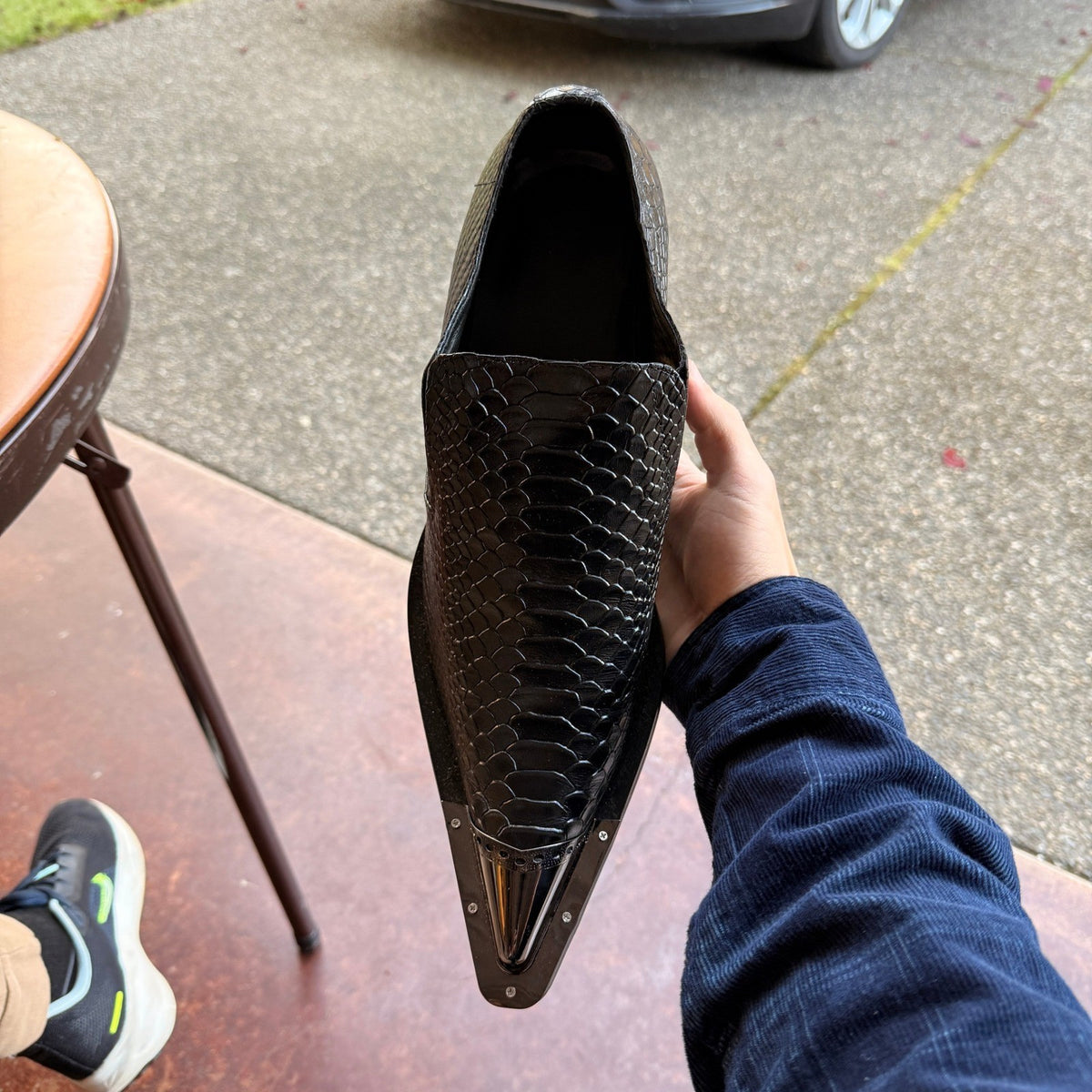 Santimon Men's US 12.5 Black Leather Metal Tip Pointed Toe Slip On Loafers Shoes