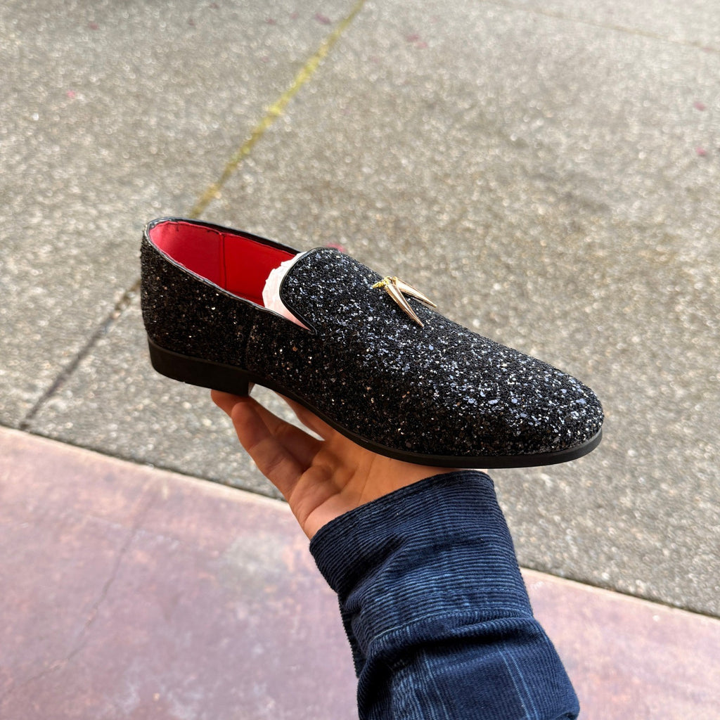 Santimon Mens US 6 Black Metal Tassels Glitter Sequin Slip On Loafers Shoes
