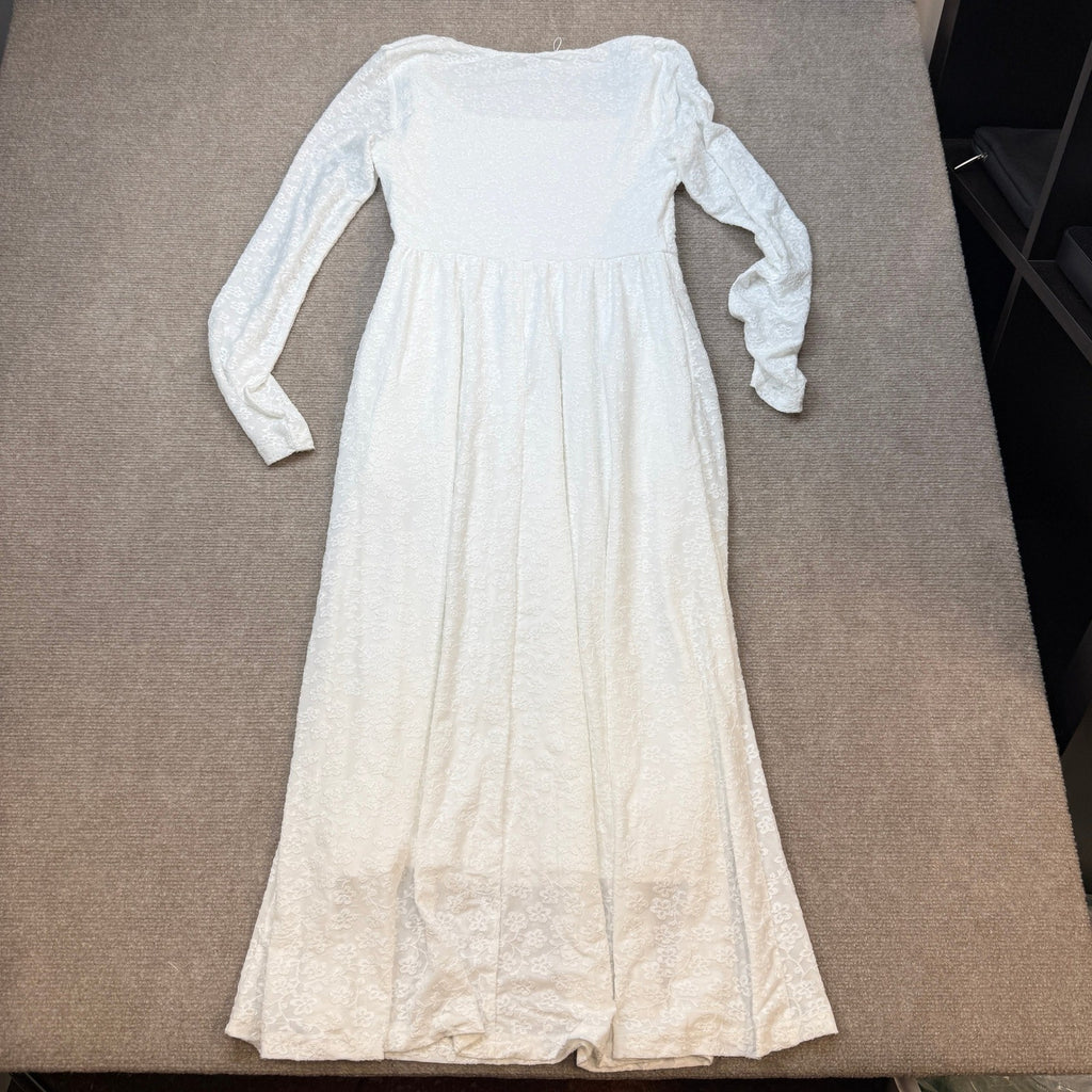 MSRP $30 MEROKEETY Women's S White Floral Midi Dress Long Sleeve Square Neck