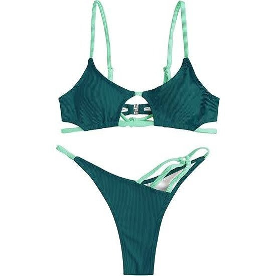 MSRP $44 ZAFUL Women's S Deep Green Sexy Two Piece Bikini Set Cutout Thong Tie
