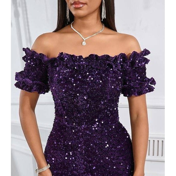 MSRP $79 dasmzper Womens M Purple Sequin Off Shoulder Ruffle Mermaid Maxi Dress