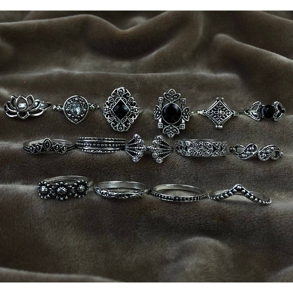 15 pcs Silver Ring Set, Ring Sets, Gothic Ring Set, Boho Ring Set, Vintage Ring