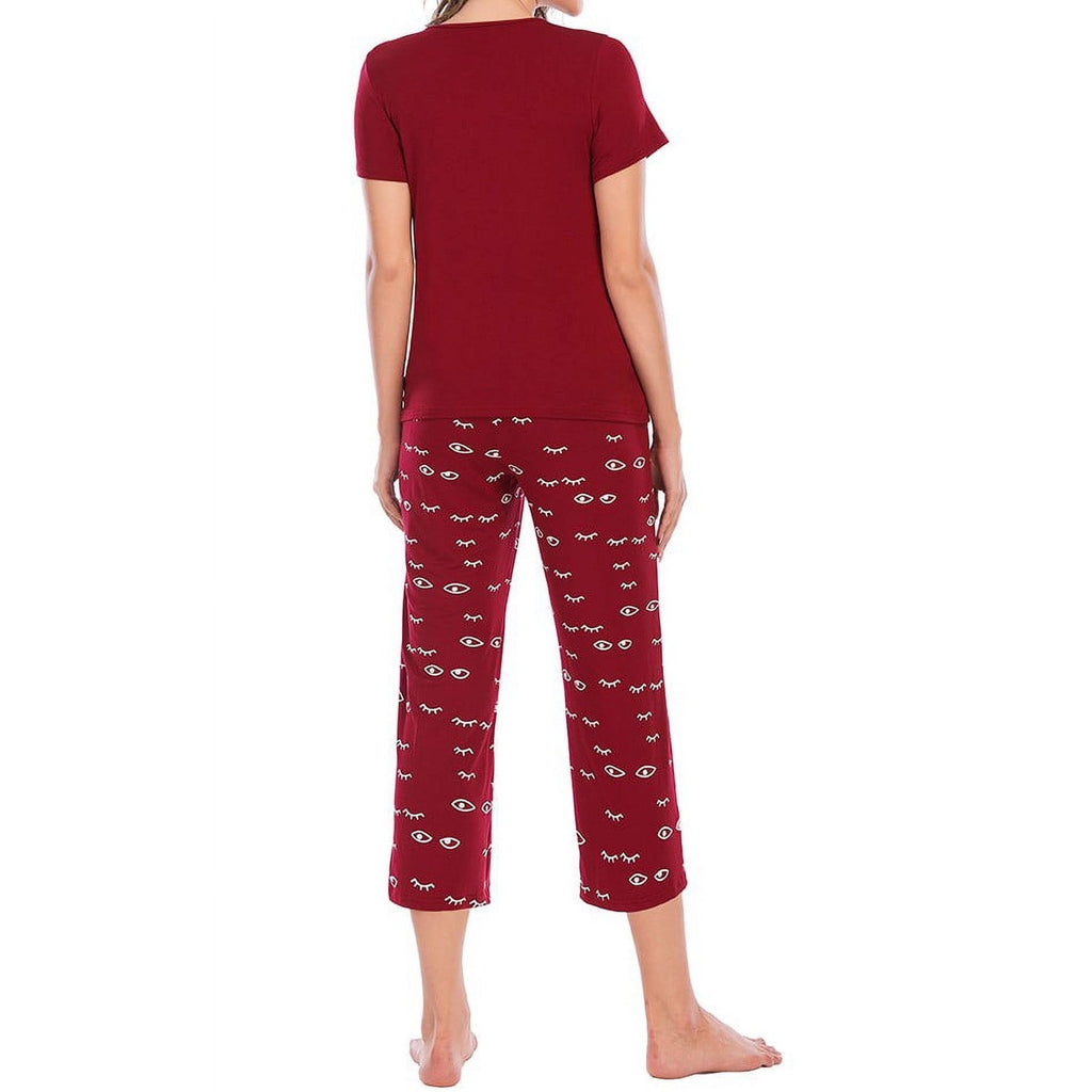 Women's M Pajama Set Round Neck Short Sleeve Sleepwear Print Top & Capri Pants