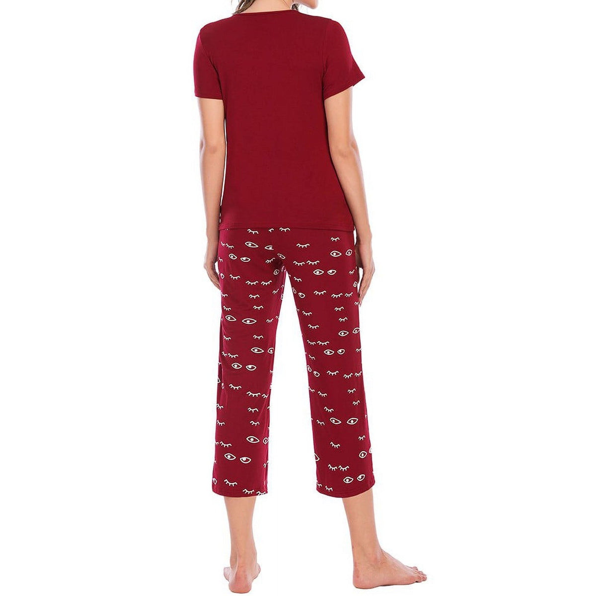 Women's M Pajama Set Round Neck Short Sleeve Sleepwear Print Top & Capri Pants