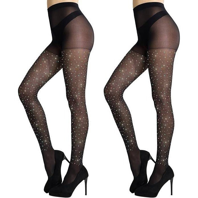 Set of 2 MANZI L-XL Black Rhinestone Sheer Tights Sparkle Shimmer Pantyhose