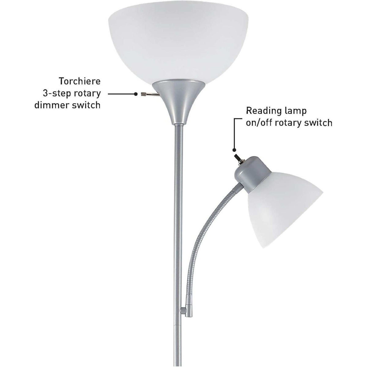Globe Electric 67134 Silver 72" Torchiere Floor Lamp Adjustable Light, Frosted