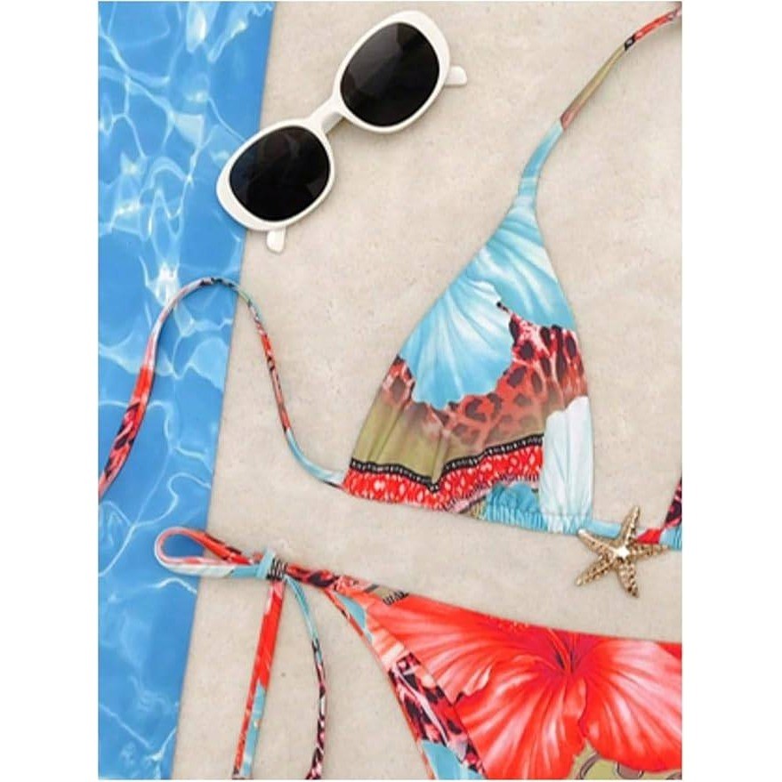 MSRP $44 RoseSeek Women's XS 2 Piece Leopard Floral Bikini Set Halter Triangle