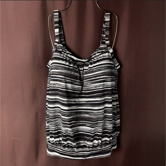 Lands' End Women's 16 LONG UPF 50 Blouson Tankini Swimsuit Top Black/White Ombre