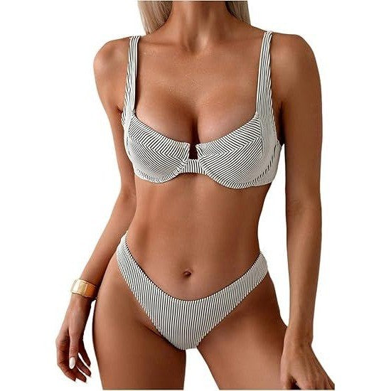 MSRP $39 SweatyRocks Women's L Black/White Two Piece Bikini Set Striped Print