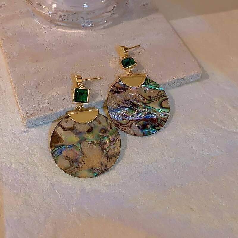 New Vtg Green Glass Tassel Drop Earrings Metal Shell Statement Jewelry for Women