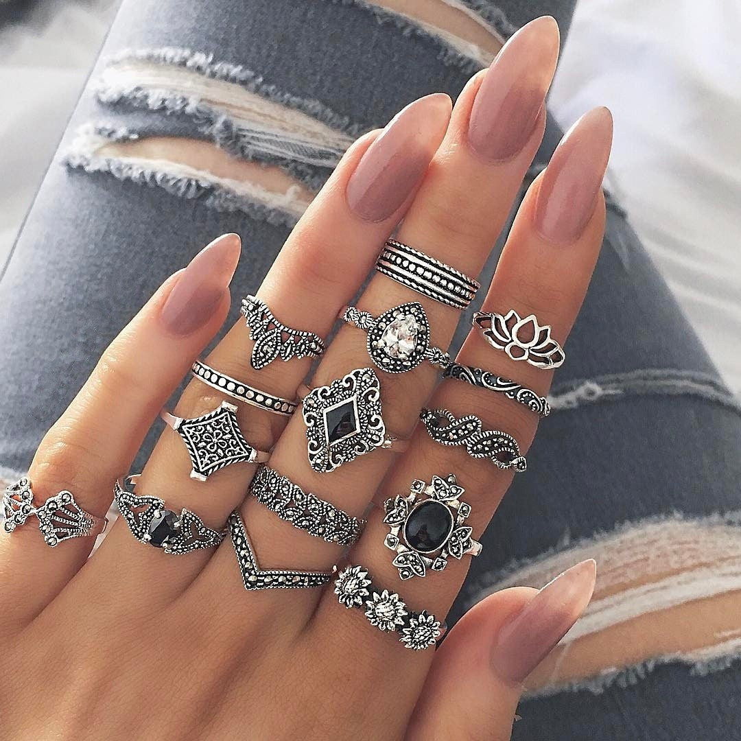 15 pcs Silver Ring Set, Ring Sets, Gothic Ring Set, Boho Ring Set, Vintage Ring