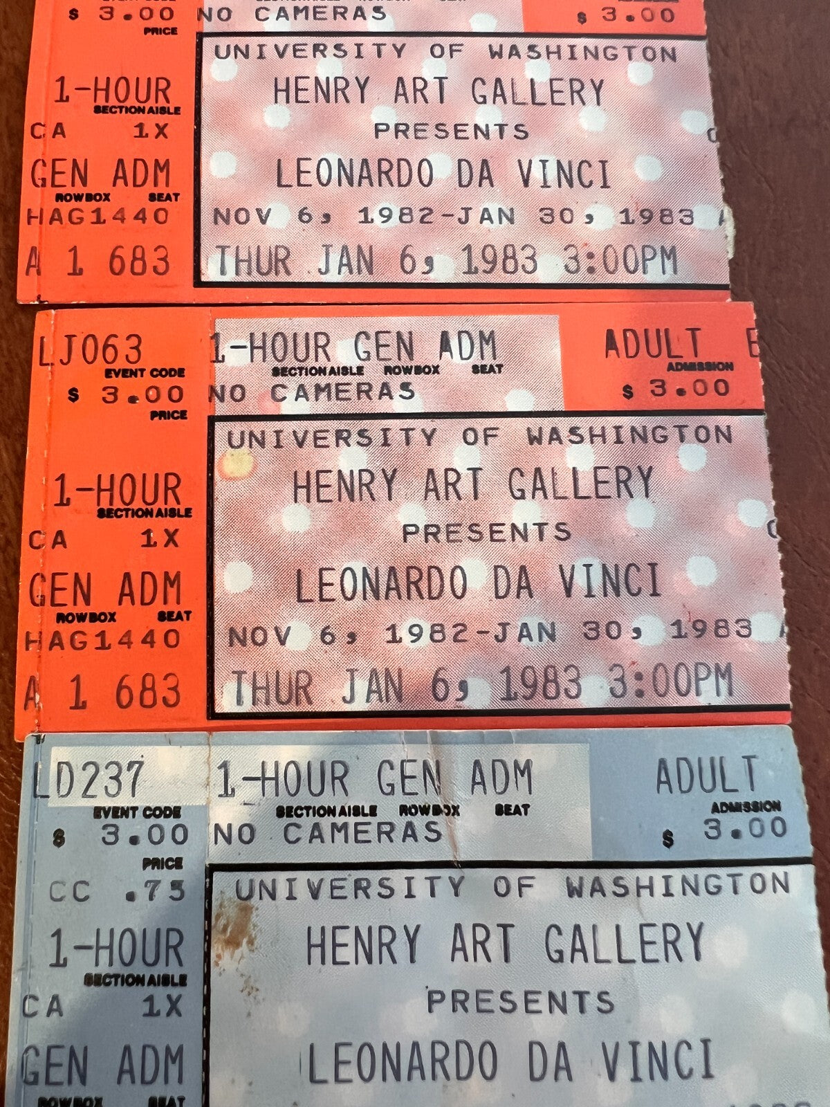 Vintage lot of 3 Henry Art Gallery Leonardo Da Vinci 1982, 1983 Ticket Stubs