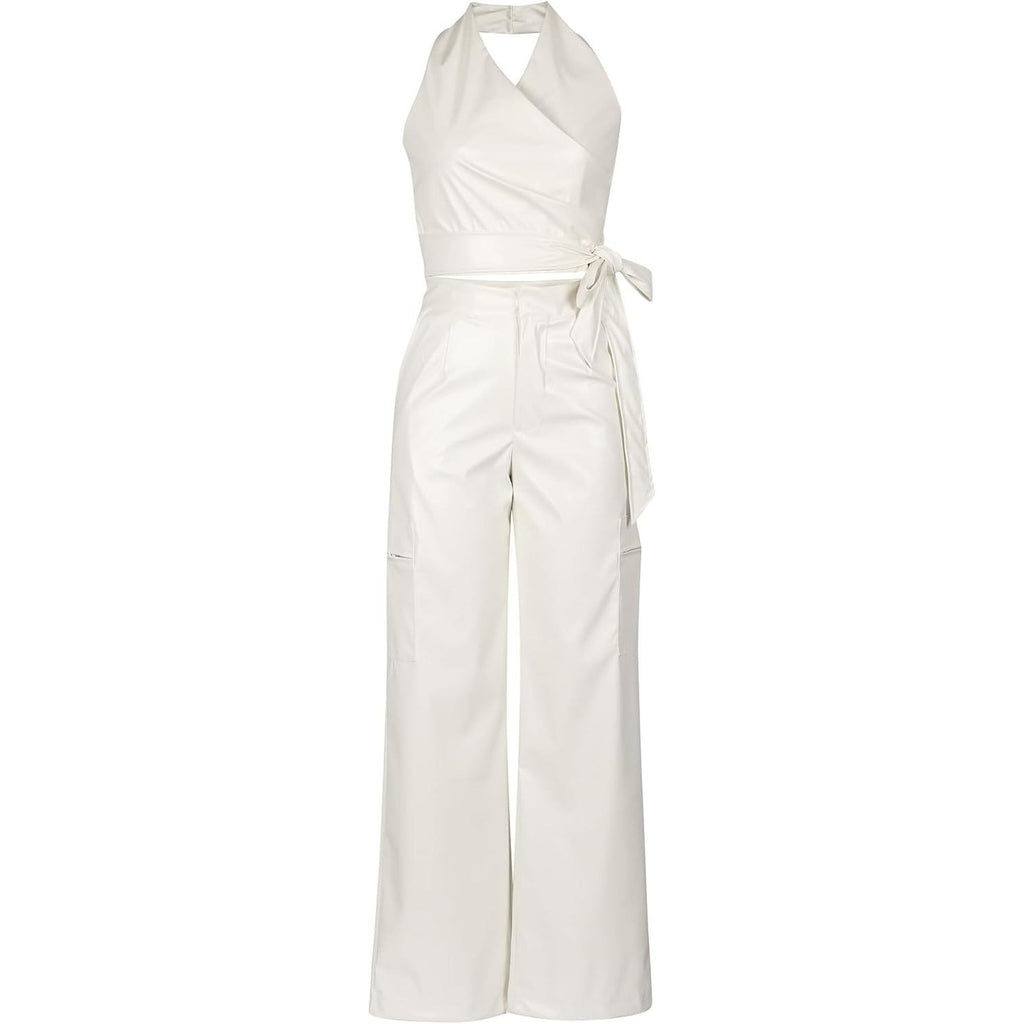 MSRP $72 WOKANSE Women's XL White PU Leather Stretchy 2 Piece Outfit Belted