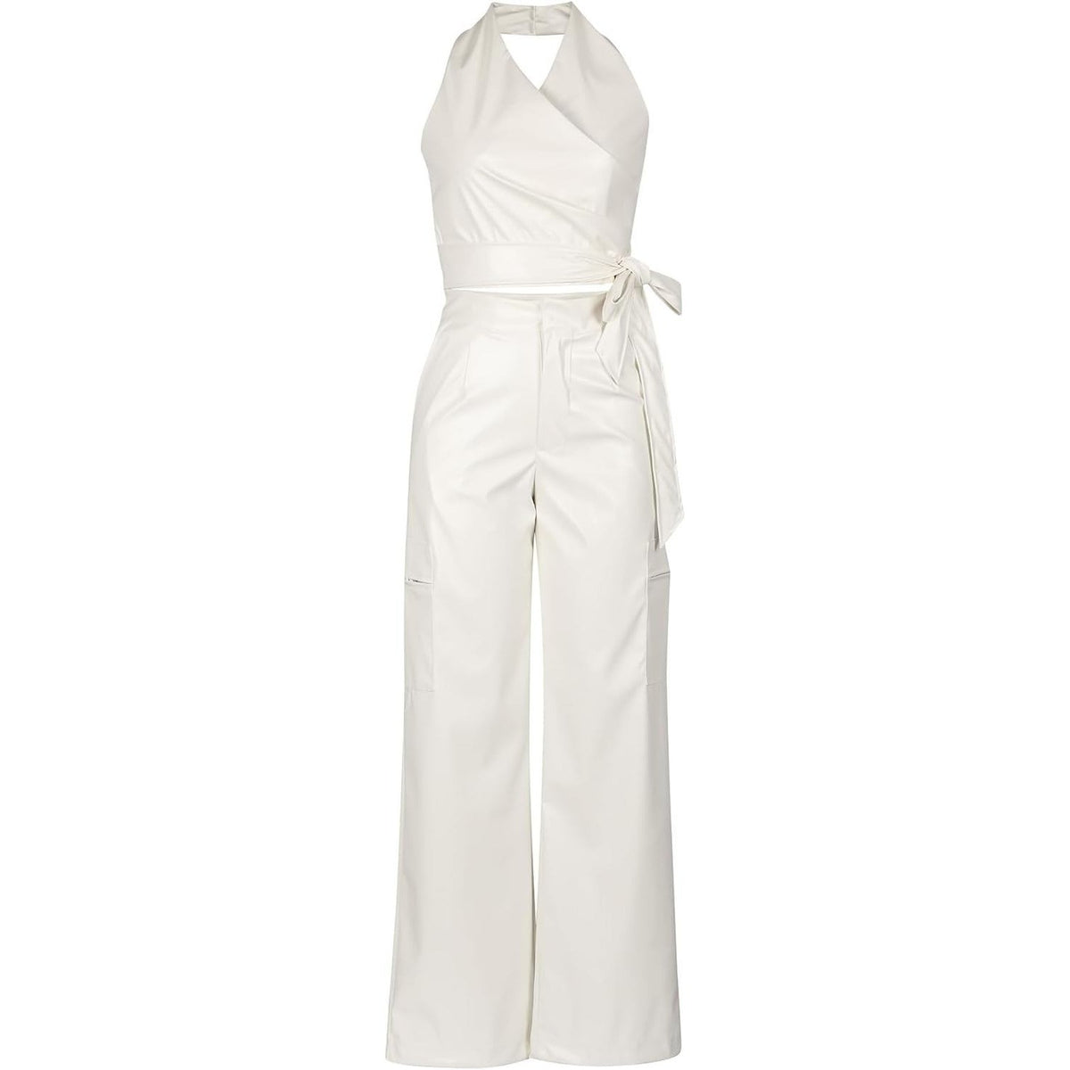 MSRP $72 WOKANSE Women's XL White PU Leather Stretchy 2 Piece Outfit Belted