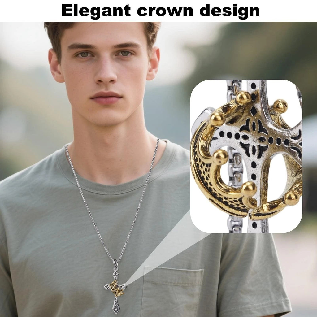 Mens Cross Necklace Silver Tone w/ Gold Tone Crown Pendant Christian Jewelry
