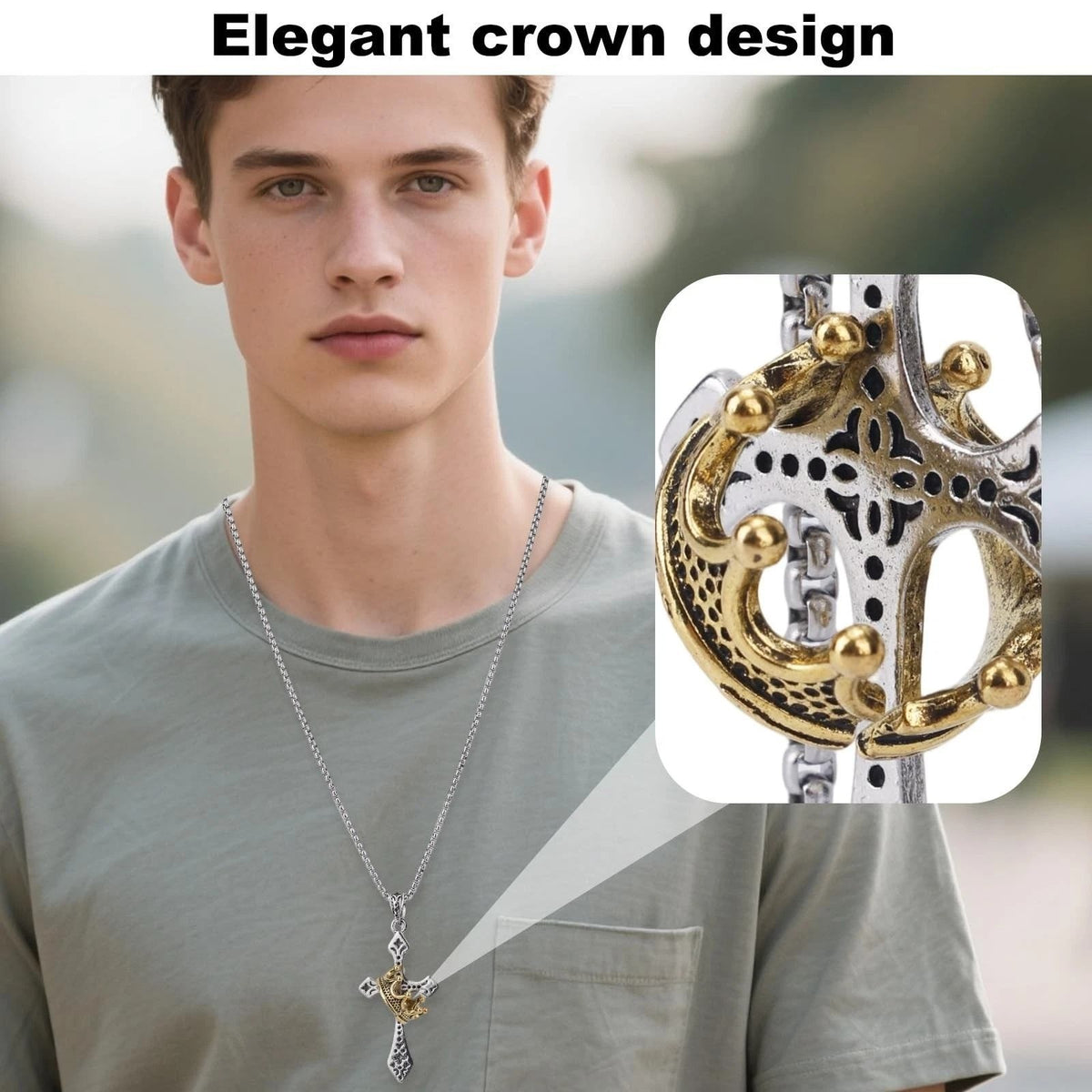 Mens Cross Necklace Silver Tone w/ Gold Tone Crown Pendant Christian Jewelry