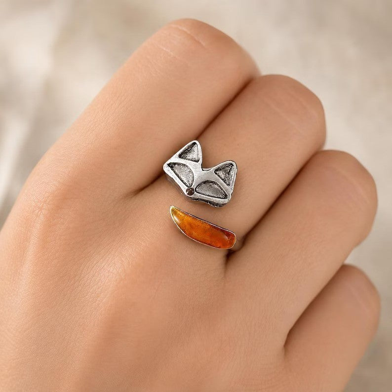 Fox Open Ring Women's Silver Tone Boho Cute Animal Jewelry Size 8 Adjustable 7-9