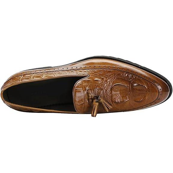 Santimon Men's US 9 Brown Leather Alligator Print Tassel Loafer Slip On Shoes